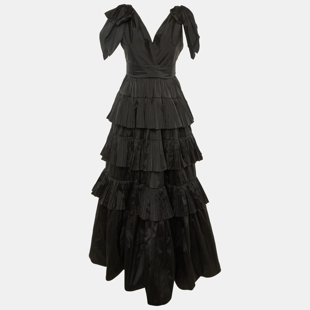 Elie Saab Black Satin Tiered Ruffle Bow Tie Strap Gown M Elie Saab Black Satin Tiered Ruffle Bow Tie Strap Gown M