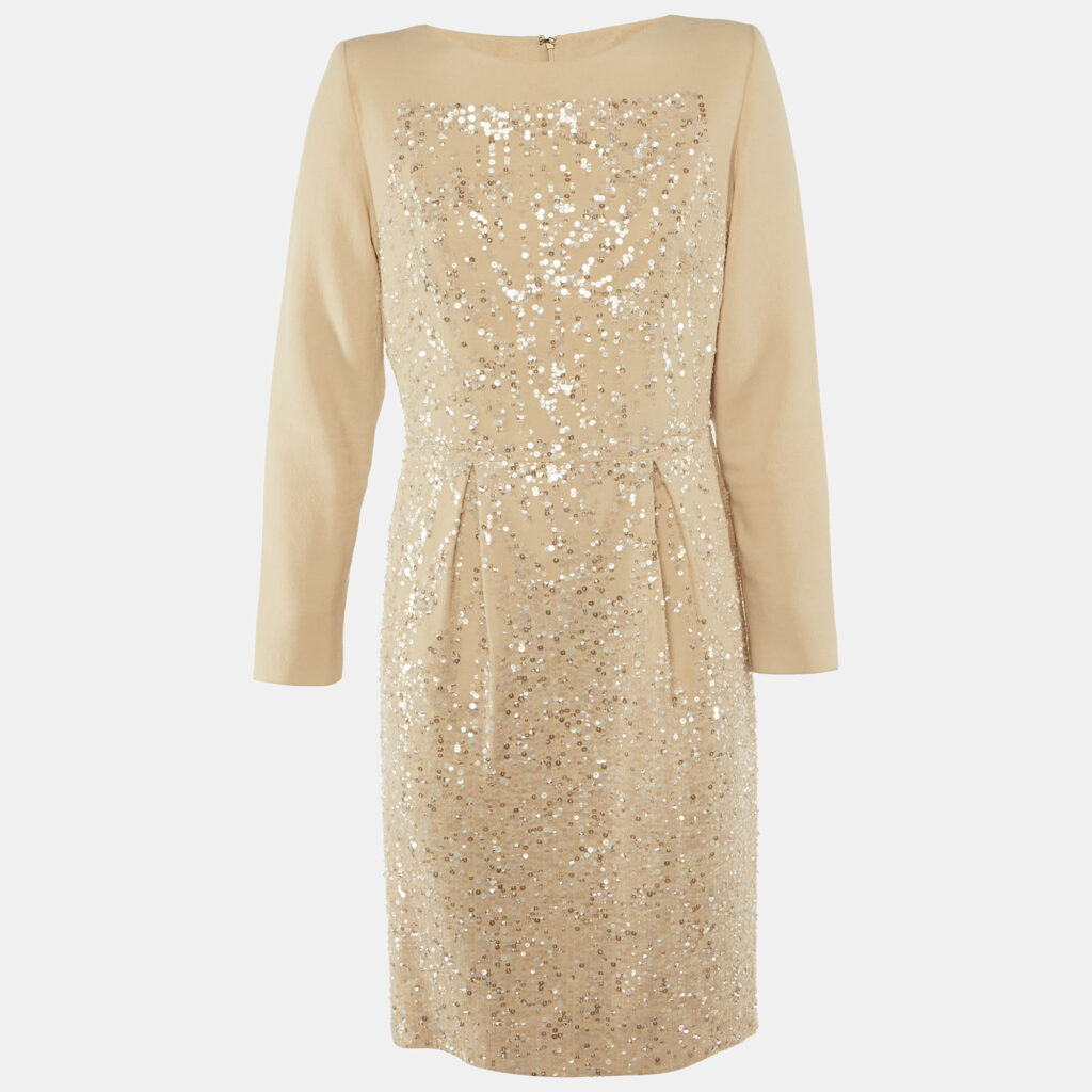 Elie Saab Beige Silk & Wool Embellished Knee Length Dress M Elie Saab Beige Silk & Wool Embellished Knee Length Dress M