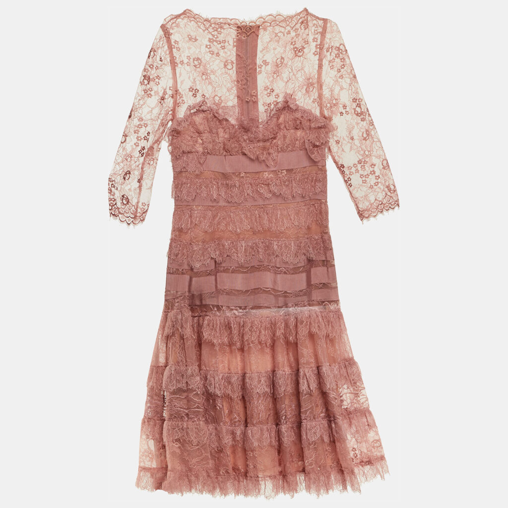 Elie Saab Pink Lace Ruffled Knee Length Dress M