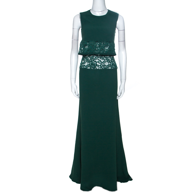 Elie Saab Green Crepe Lace Insert Sleeveless Maxi Dress XS Elie Saab Green Crepe Lace Insert Sleeveless Maxi Dress XS