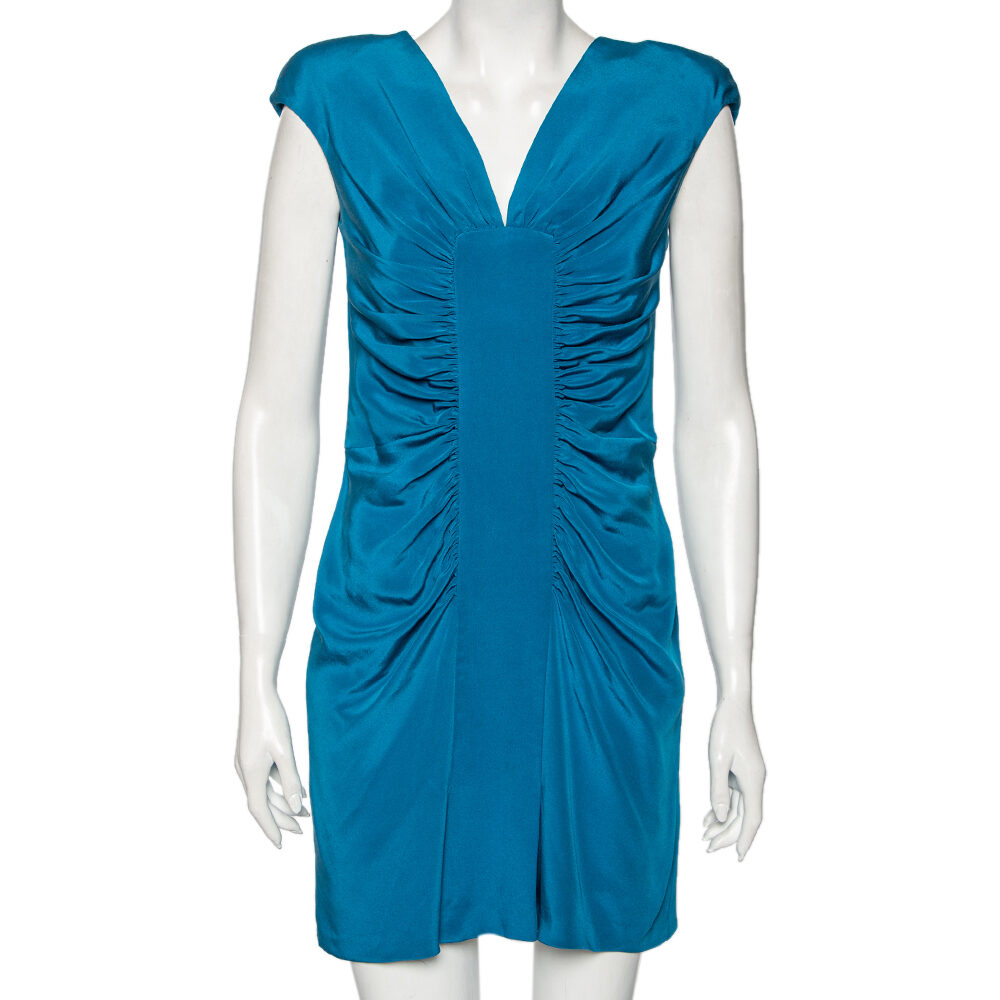 Elie Saab Blue Silk Ruched Detail Short Dress M Elie Saab Blue Silk Ruched Detail Short Dress M