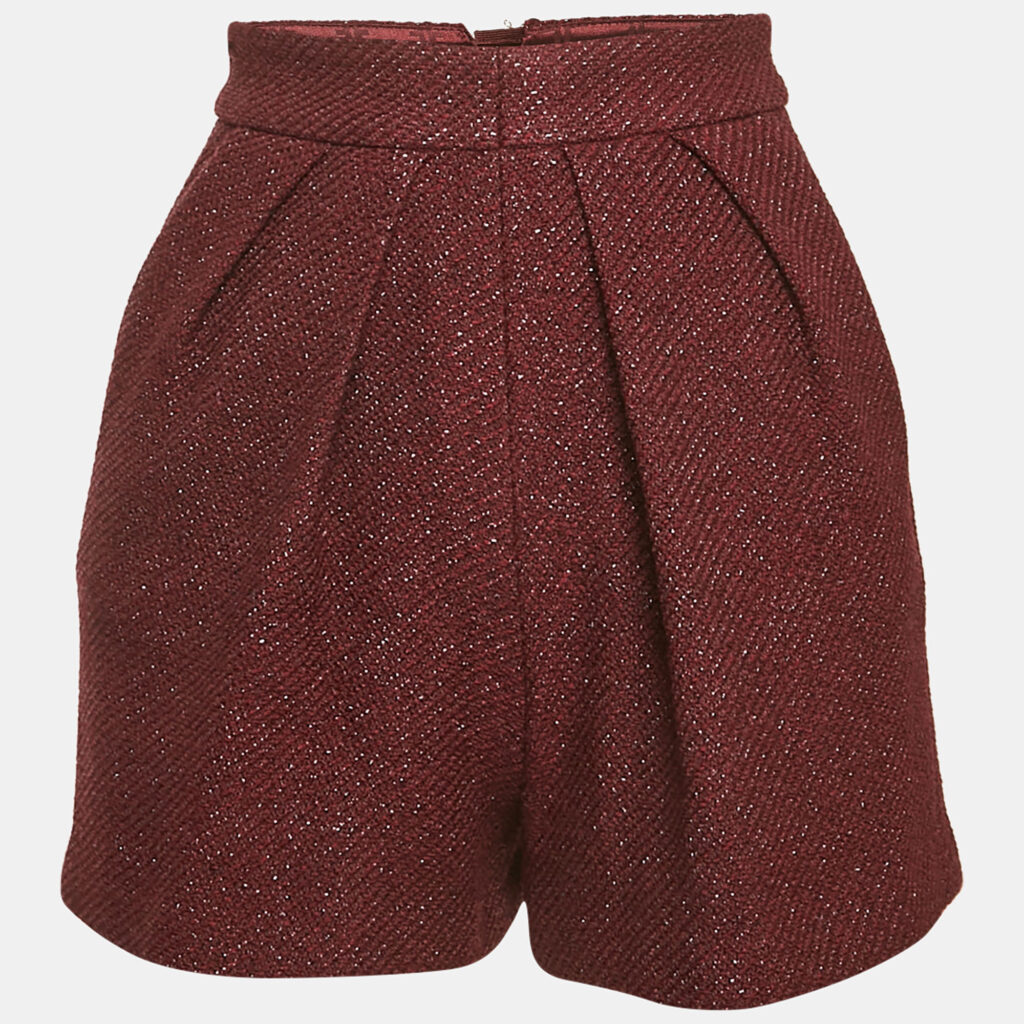Elisabetta Franchi Burgundy Lurex Tweed Pleated Shorts S Elisabetta Franchi Burgundy Lurex Tweed Pleated Shorts S