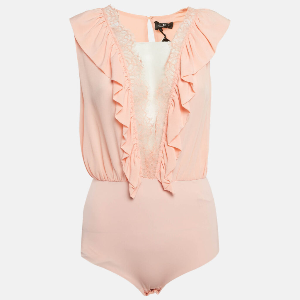 Elisabetta Franchi Orange/Peach Silk Lace Trimmed Bodysuit Top M