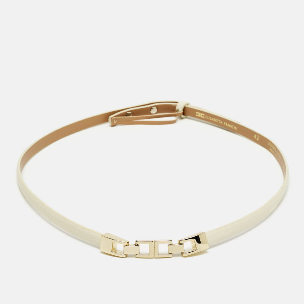 Elisabetta Franchi Cream Faux Leather Slim Belt 42 Elisabetta Franchi Cream Faux Leather Slim Belt 42