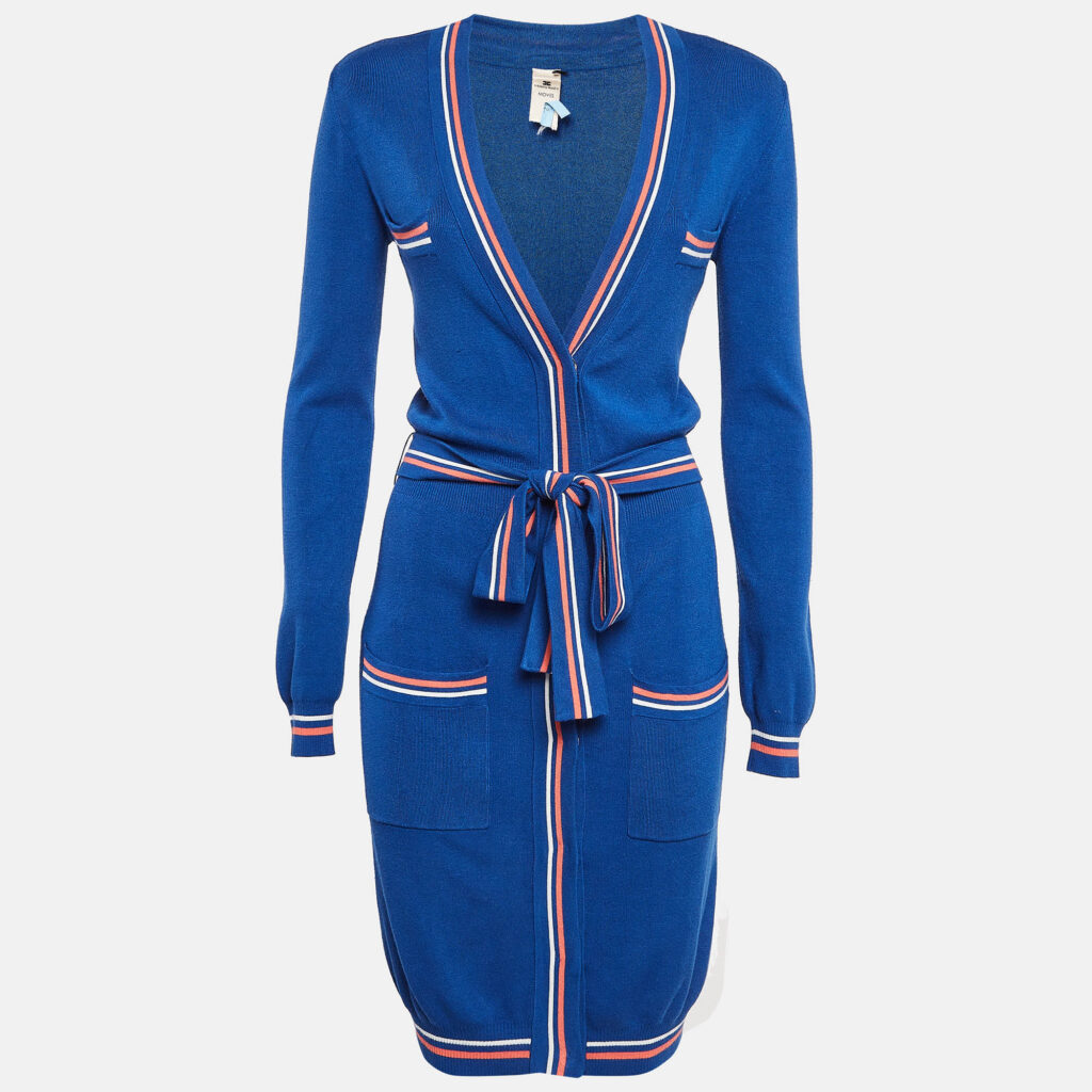 Elisabetta Franchi Blue Rib Knit Belted Long Cardigan M Elisabetta Franchi Blue Rib Knit Belted Long Cardigan M