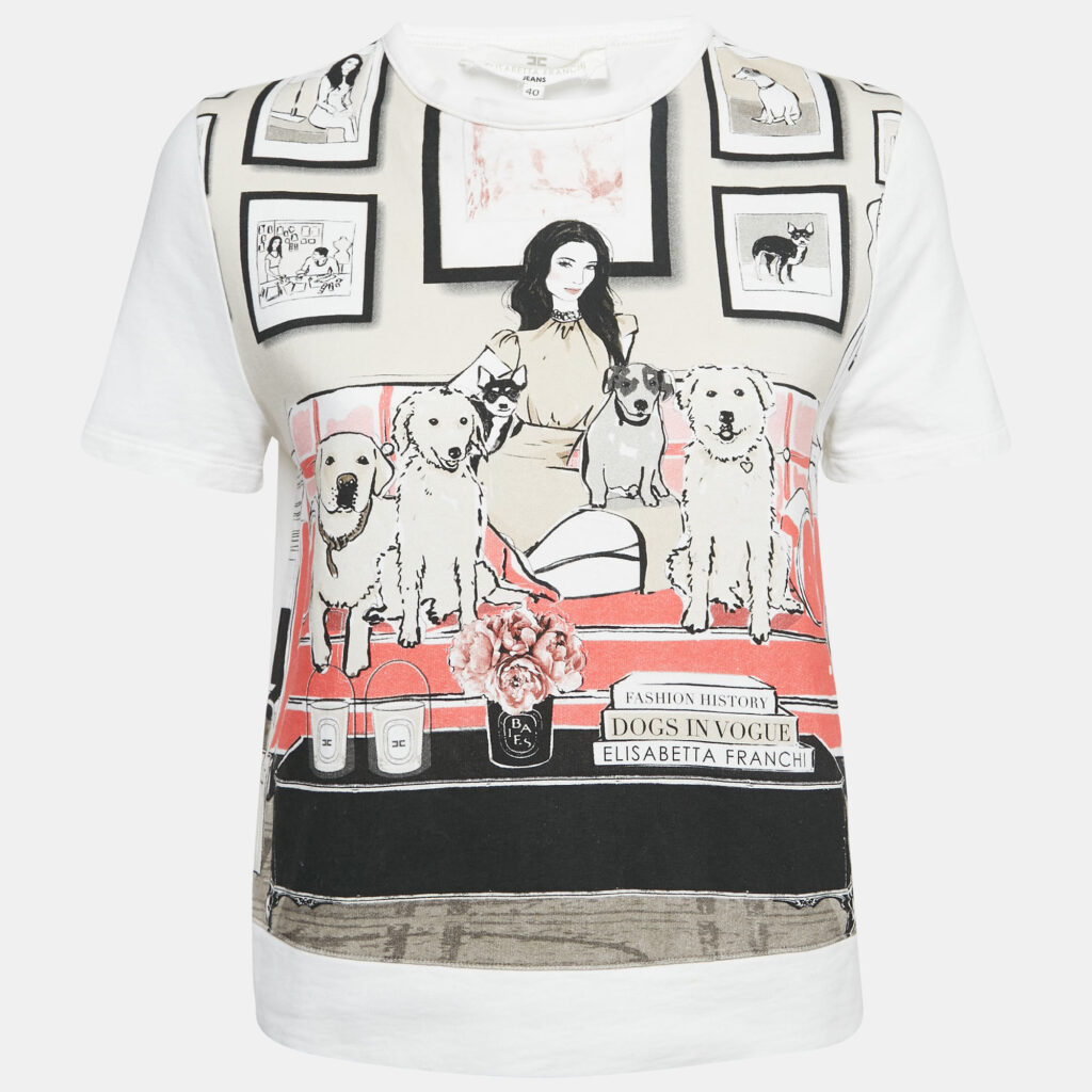 Elisabetta Franchi White Dogs In Vogue Print Cotton and Chiffon T-Shirt S Elisabetta Franchi White Dogs In Vogue Print Cotton and Chiffon T-Shirt S