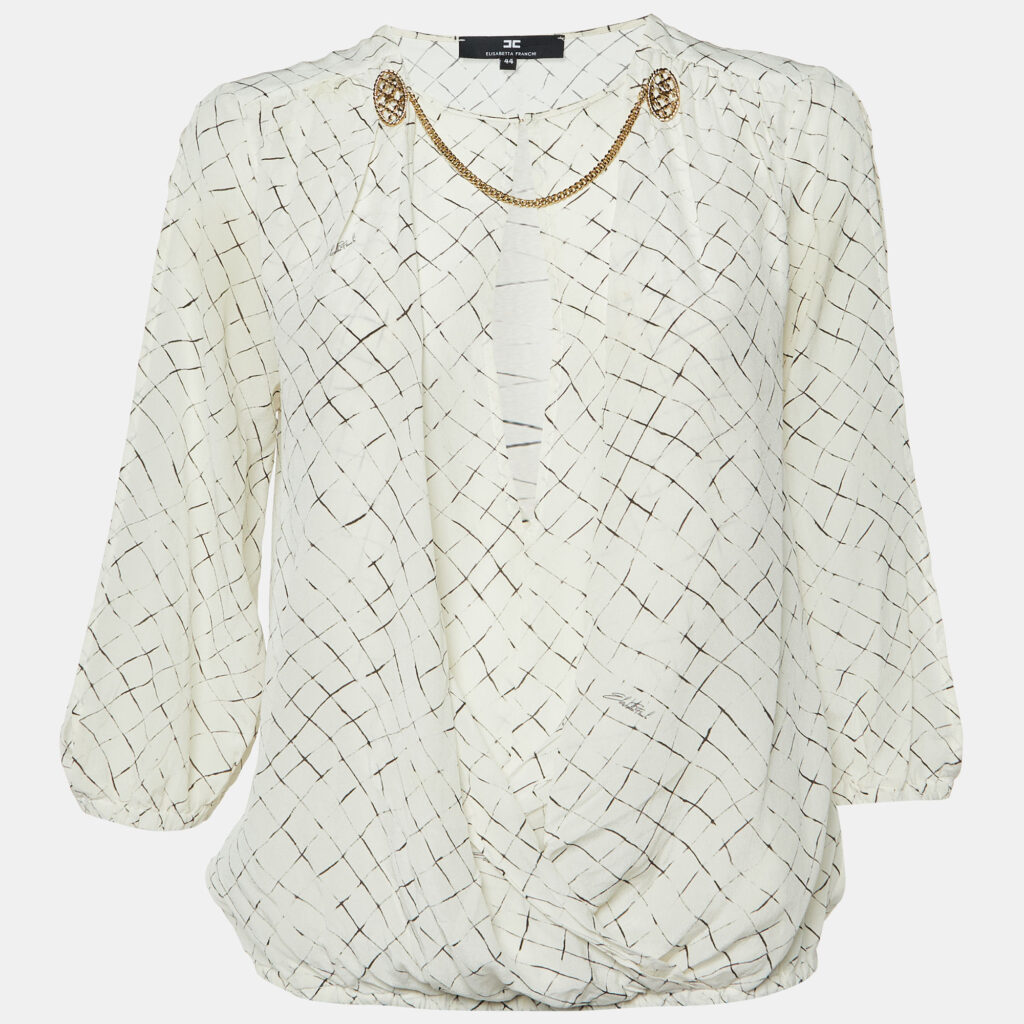 Elisabetta Franchi White Checks Print Silk Brooches Detail Top M Elisabetta Franchi White Checks Print Silk Brooches Detail Top M