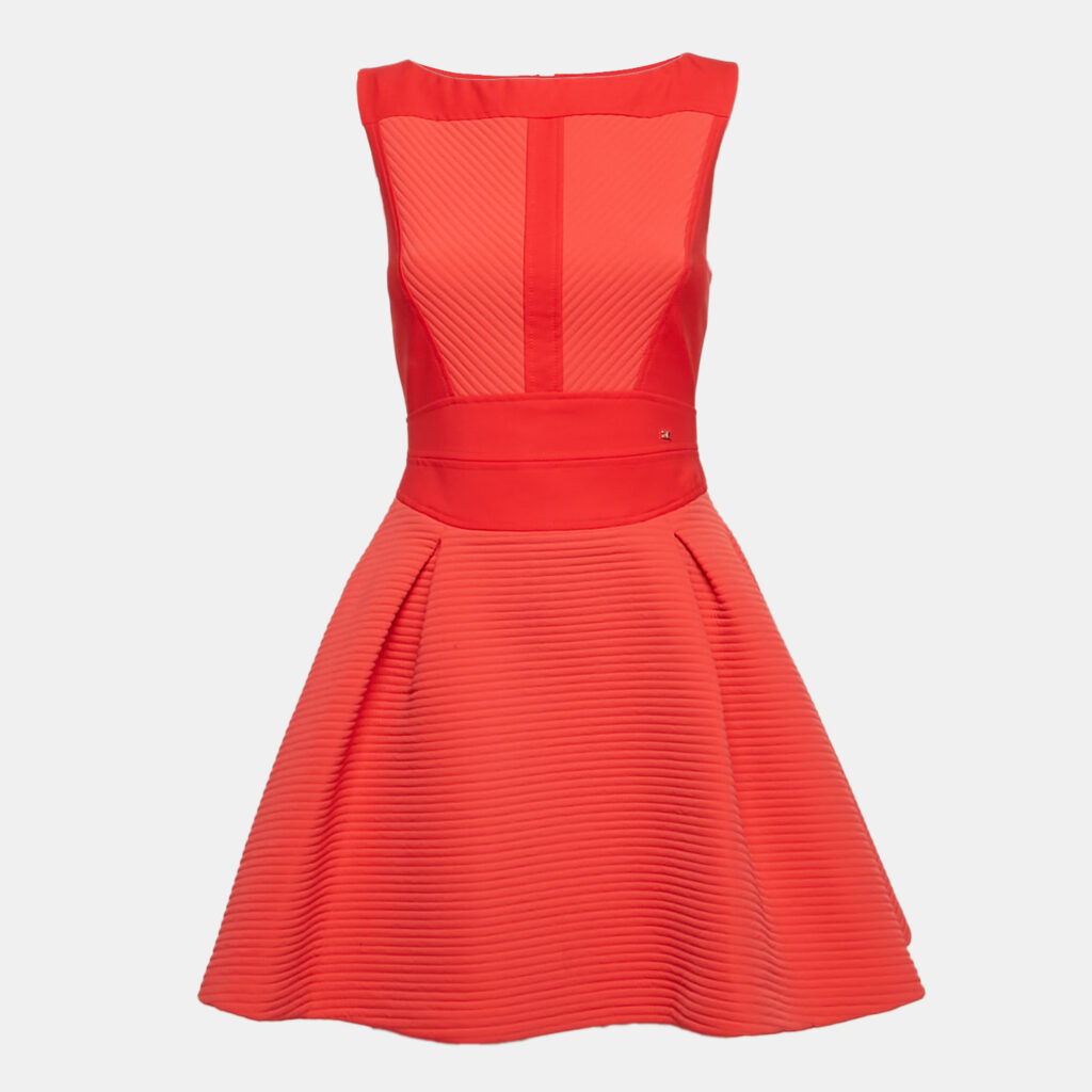 Elisabetta Franchi Red Stripe Textured Neoprene Pleated Mini Dress M