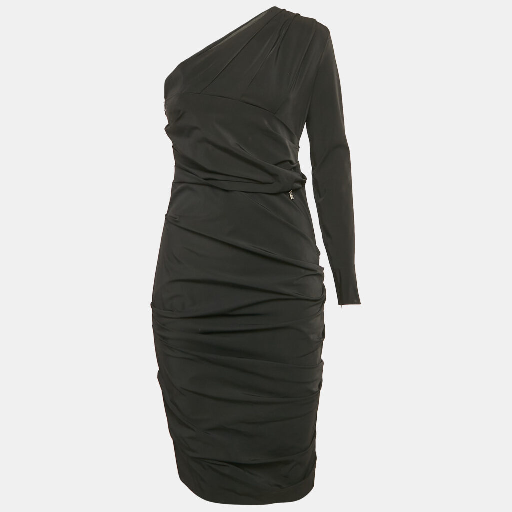 Elisabetta Franchi Black Nylon Draped One-Shoulder Midi Dress M Elisabetta Franchi Black Nylon Draped One-Shoulder Midi Dress M