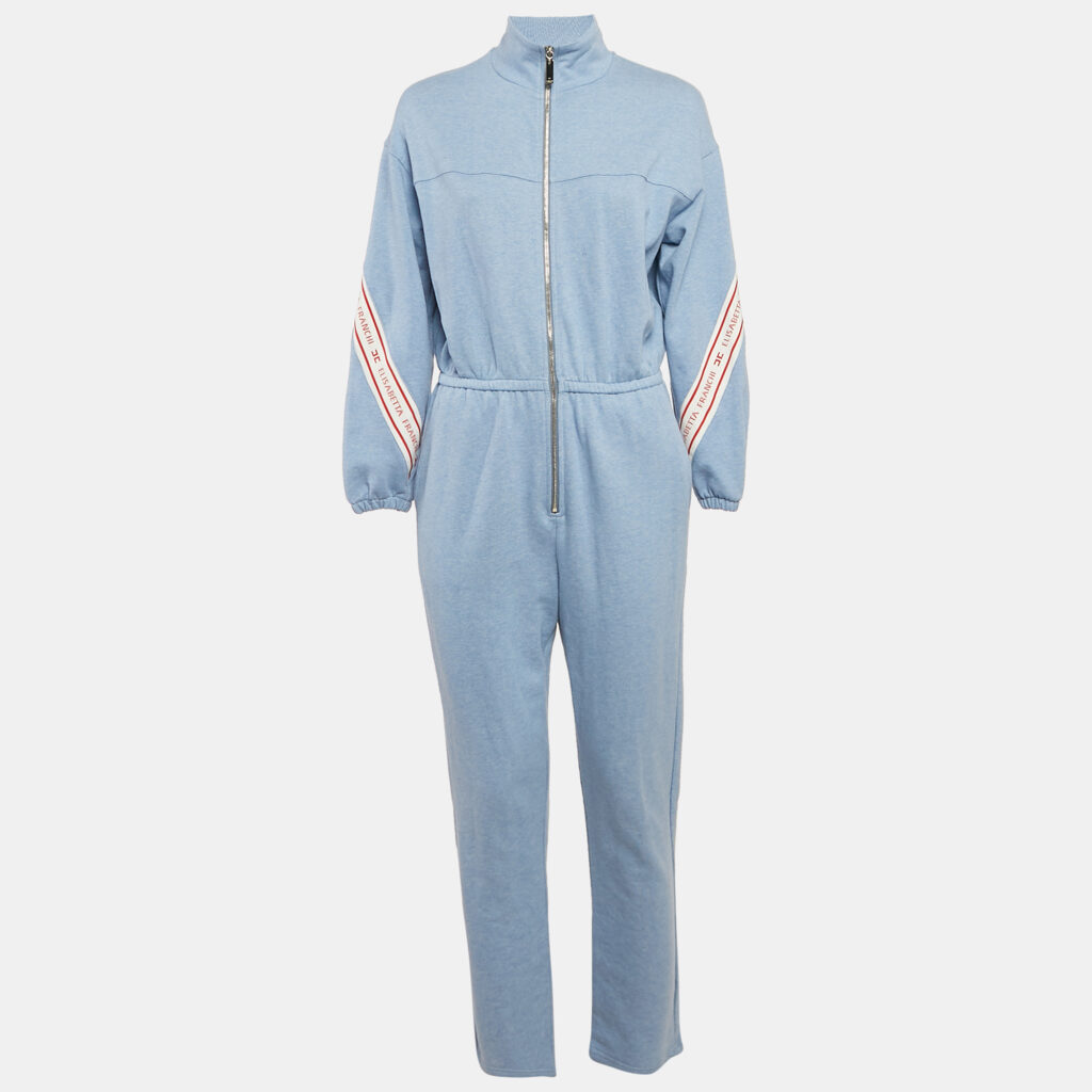 Elisabetta Franchi Blue Cotton Knit Logo Tape Trimmed Jumpsuit S Elisabetta Franchi Blue Cotton Knit Logo Tape Trimmed Jumpsuit S