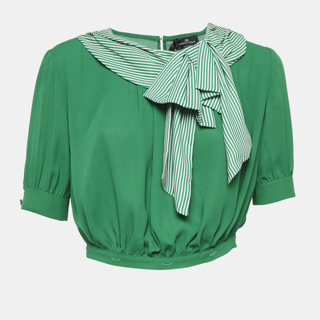 Elisabetta Franchi Green Crepe Bow Detail Top M