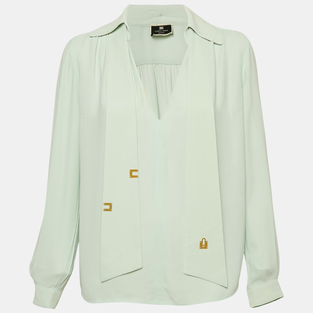 Elisabetta Franchi Blue Crepe Neck-Tie Detail Top M Elisabetta Franchi Blue Crepe Neck-Tie Detail Top M