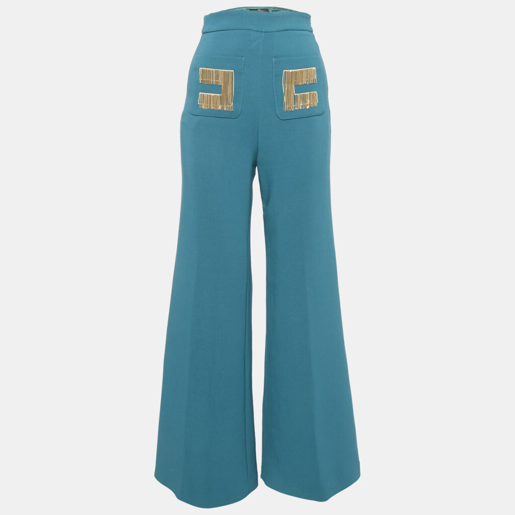 Elisabetta Franchi Teal Blue Crepe Chain Detail Flared Trousers S Elisabetta Franchi Teal Blue Crepe Chain Detail Flared Trousers S