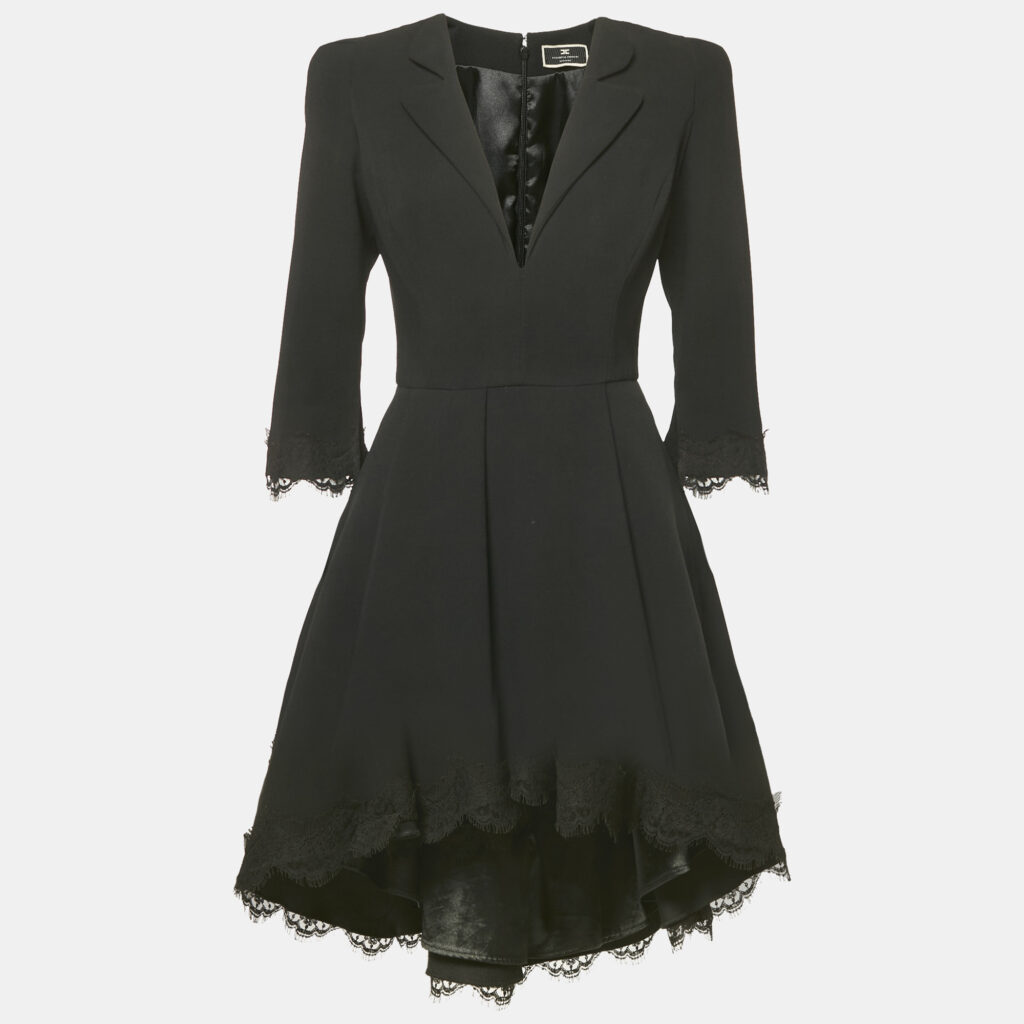 luxury-women-elisabetta-franchi-used-clothes-p1159905-003-1.jpg Elisabetta Franchi Black Crepe Lace Trim Flared Mini Dress M