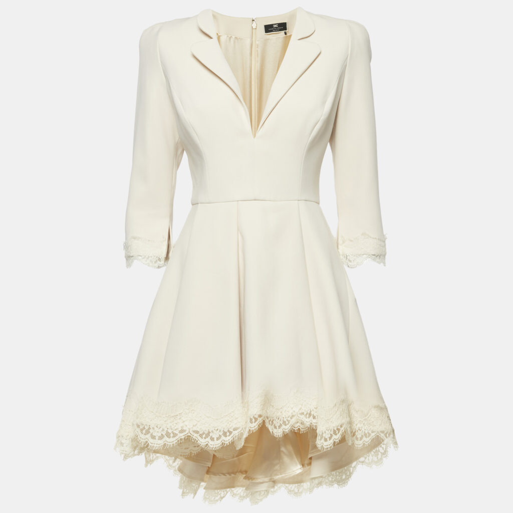 Elisabetta Franchi Beige Crepe Lace Trim Flared Mini Dress M Elisabetta Franchi Beige Crepe Lace Trim Flared Mini Dress M