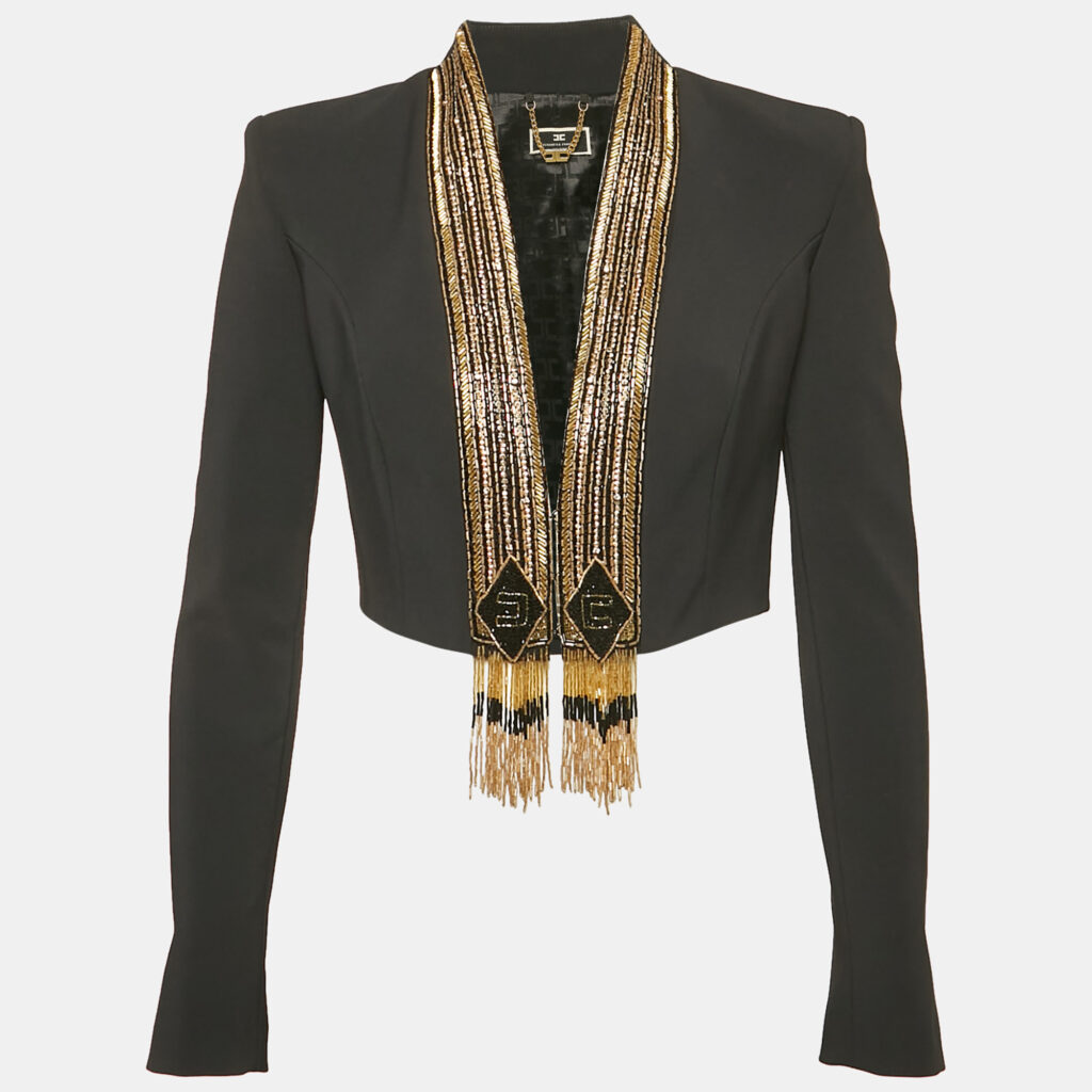 Elisabetta Franchi Black Embellished Crepe Cropped Blazer M Elisabetta Franchi Black Embellished Crepe Cropped Blazer M