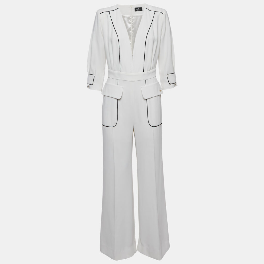 Elisabetta Franchi White Crepe Contrast Trimmed Jumpsuit M Elisabetta Franchi White Crepe Contrast Trimmed Jumpsuit M