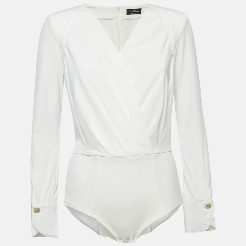 Elisabetta Franchi White Jersey Plunging Neck Bodysuit M