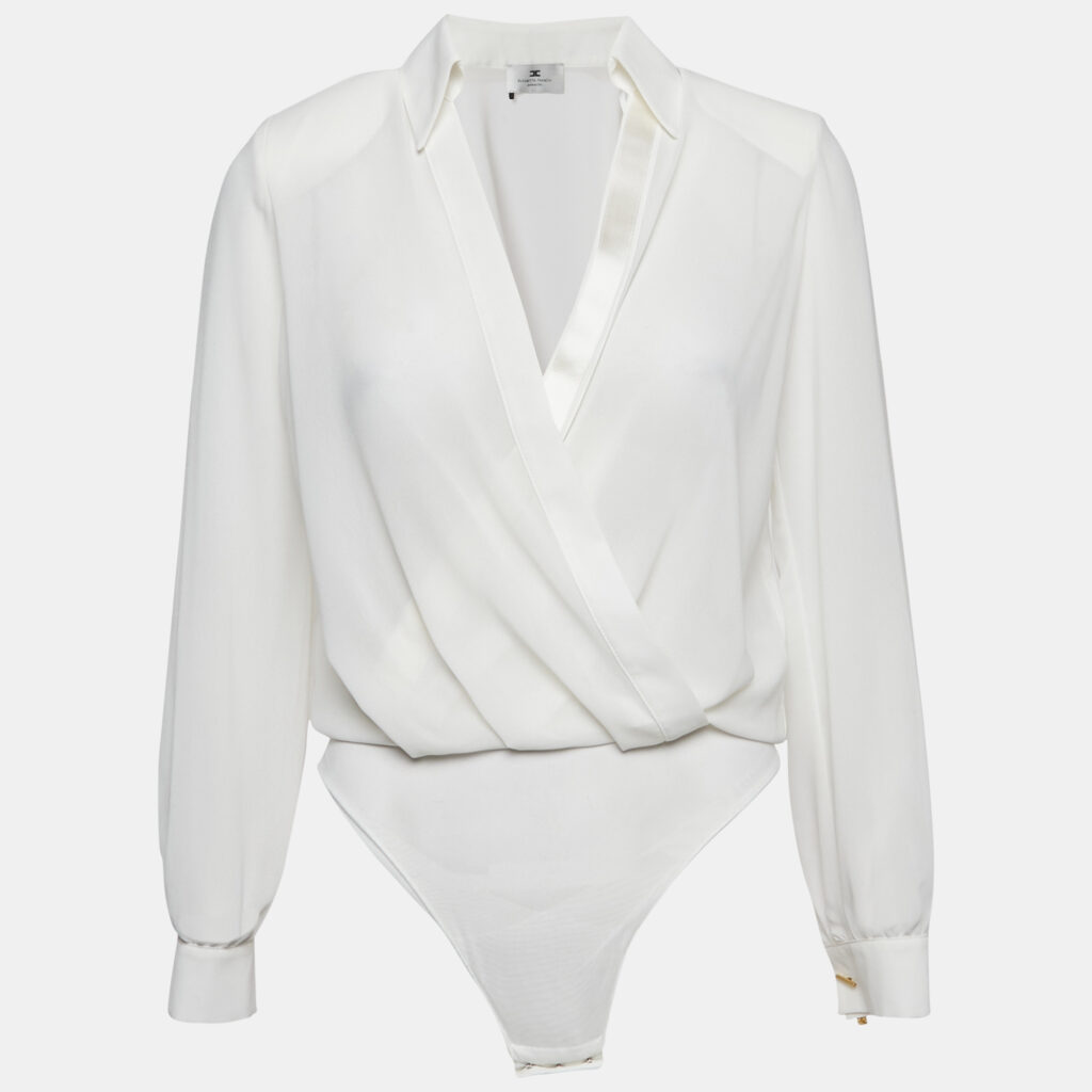 Elisabetta Franchi White Chiffon Plunging Neck Bodysuit S