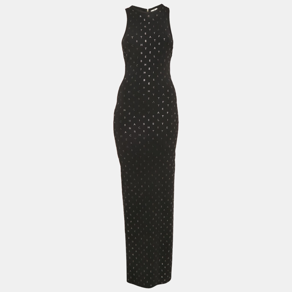 Elisabetta Franchi Black Rhinestone Lettering Rib Knit Red Carpet Dress M Elisabetta Franchi Black Rhinestone Lettering Rib Knit Red Carpet Dress M