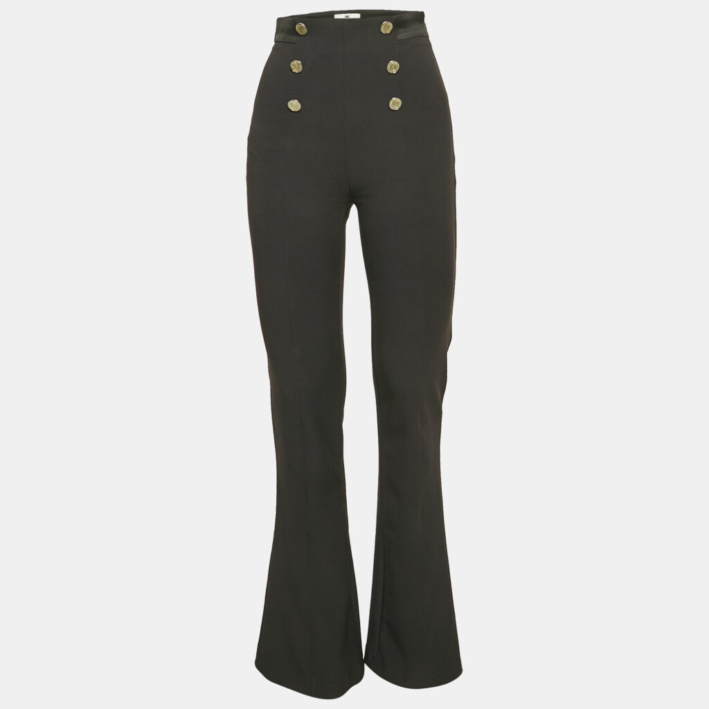 Elisabetta Franchi Black Satin Trim Stretch Crepe Bell Bottom Pants S Elisabetta Franchi Black Satin Trim Stretch Crepe Bell Bottom Pants S