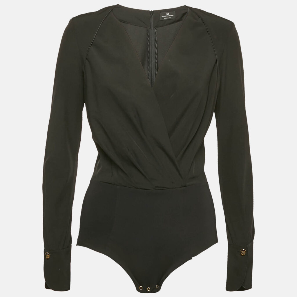 Elisabetta Franchi Black Crepe V-Neck Long Sleeve Bodysuit M