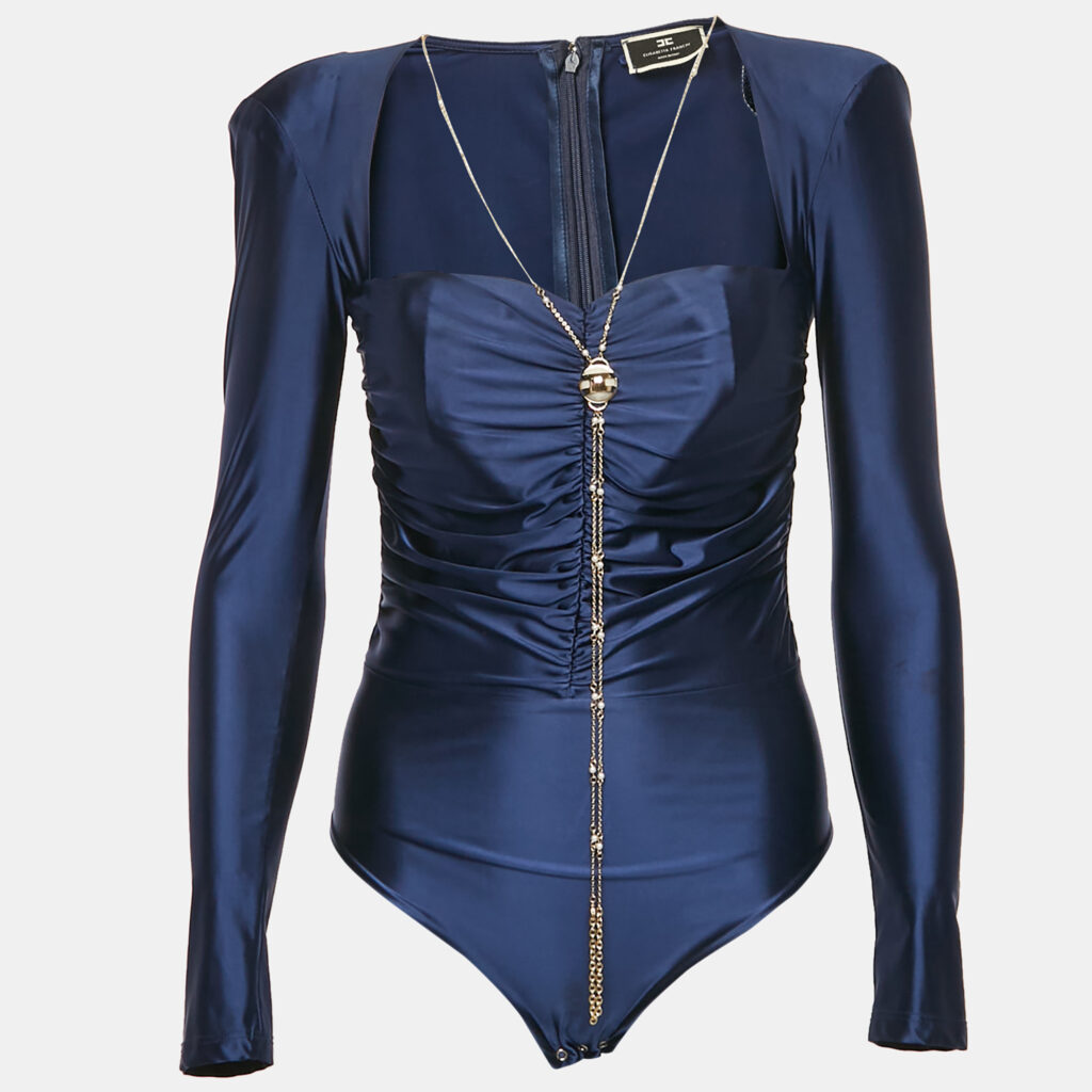 Elisabetta Franchi Navy Blue Chain Detail Jersey Ruche Bodysuit M