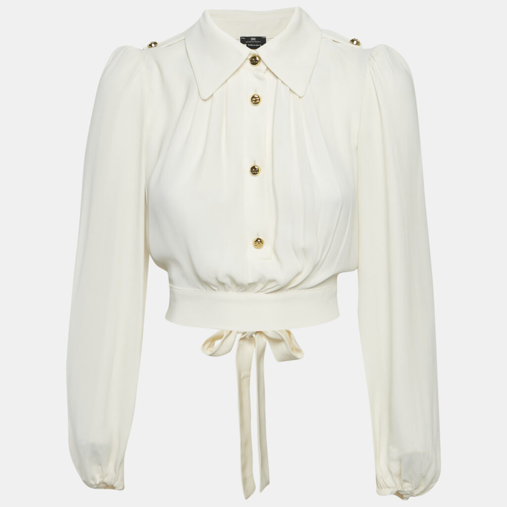 Elisabetta Franchi Off-White Crepe Tie-Up Blouse S