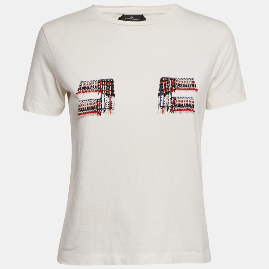 Elisabetta Franchi White Beaded Jersey Crewneck T-Shirt S Elisabetta Franchi White Beaded Jersey Crewneck T-Shirt S