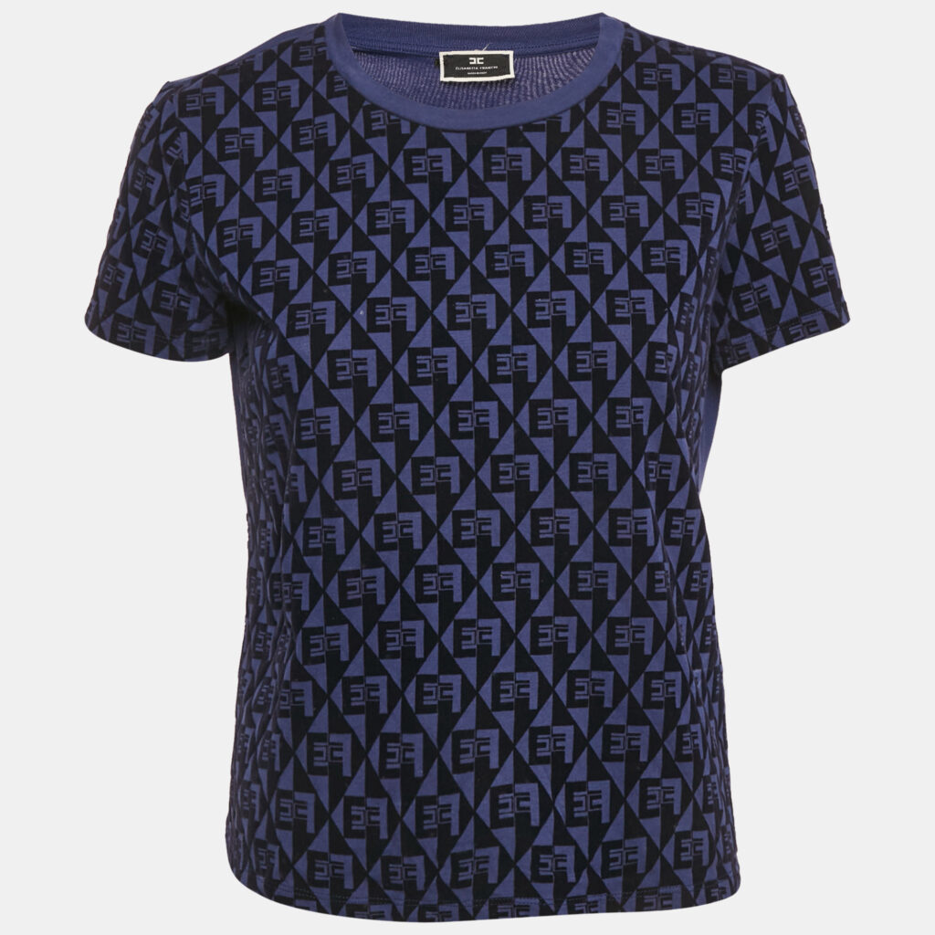 Elisabetta Franchi Blue Monogram Flocked Jersey T-Shirt S
