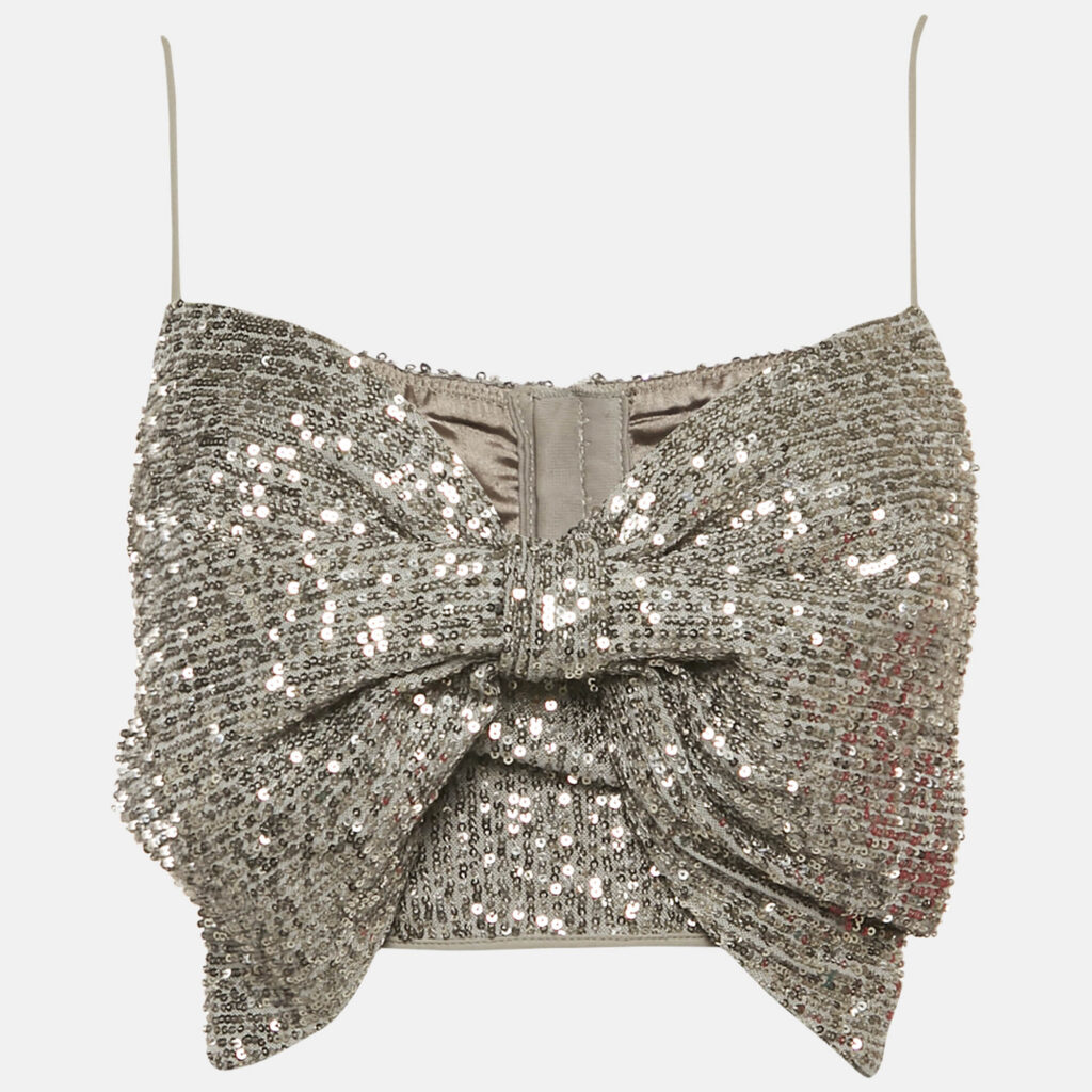 Elisabetta Franchi Silver Sequin Mesh Bow Detail Crop Top M Elisabetta Franchi Silver Sequin Mesh Bow Detail Crop Top M