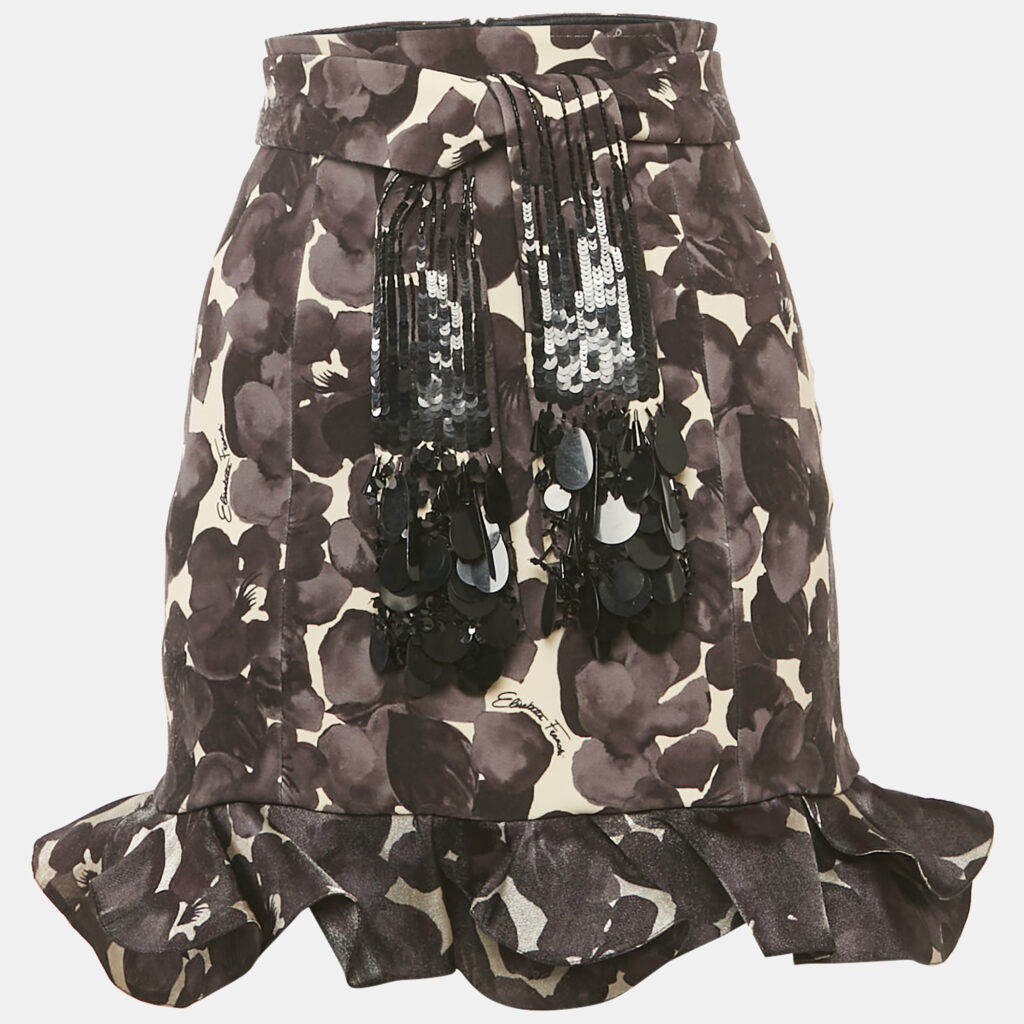 Elisabetta Franchi Grey Floral Print Stretch Crepe Ruffled Mini Skirt S Elisabetta Franchi Grey Floral Print Stretch Crepe Ruffled Mini Skirt S