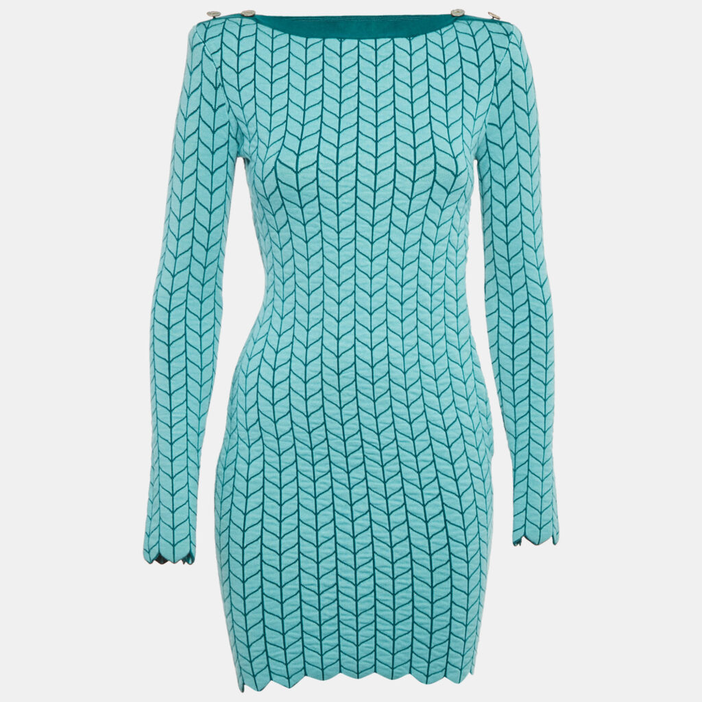 Elisabetta Franchi Blue Patterned Stretch Knit Scallop Hem Bodycon Dress S Elisabetta Franchi Blue Patterned Stretch Knit Scallop Hem Bodycon Dress S
