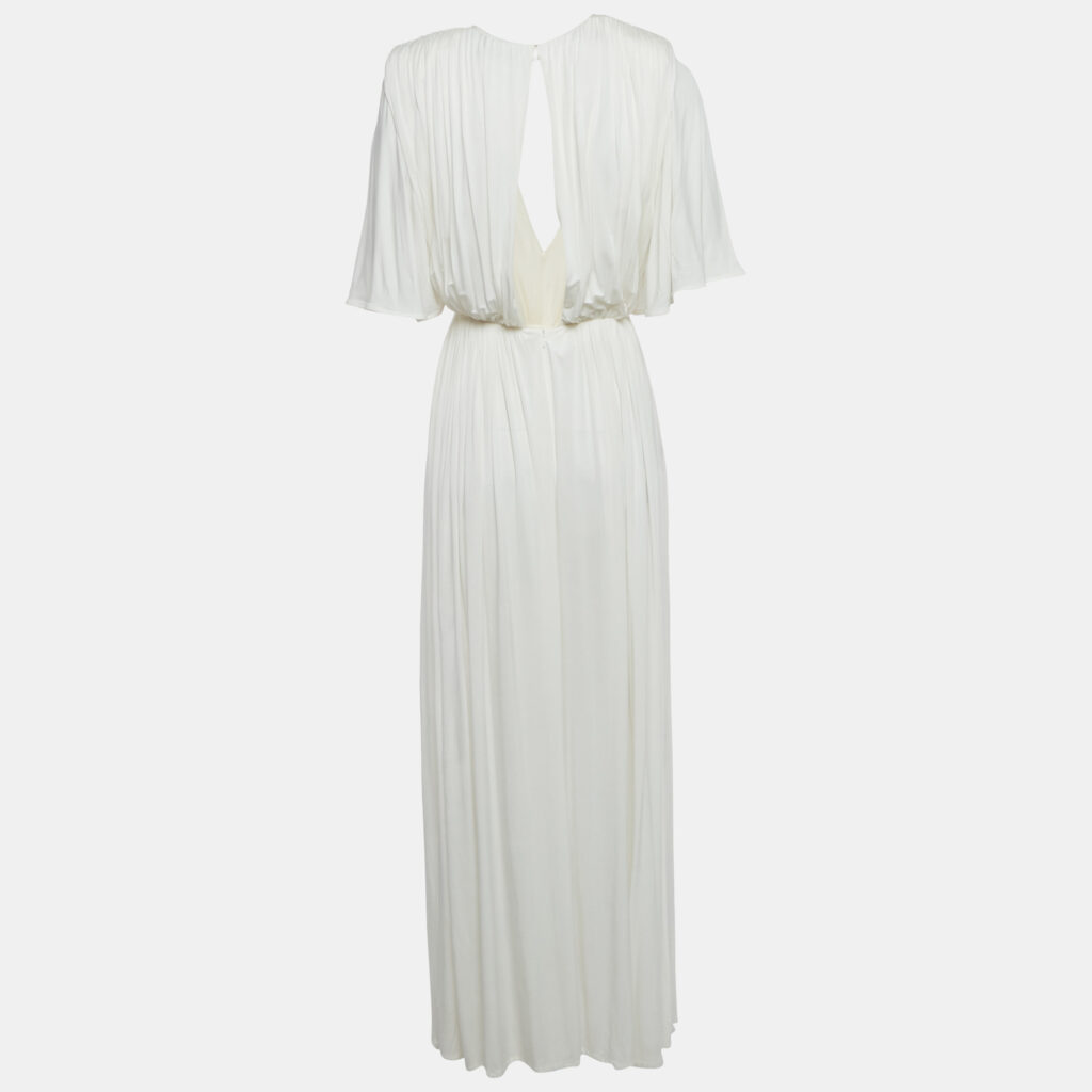 Elisabetta Franchi White Jersey Plunging Neck Gathered Maxi Dress S