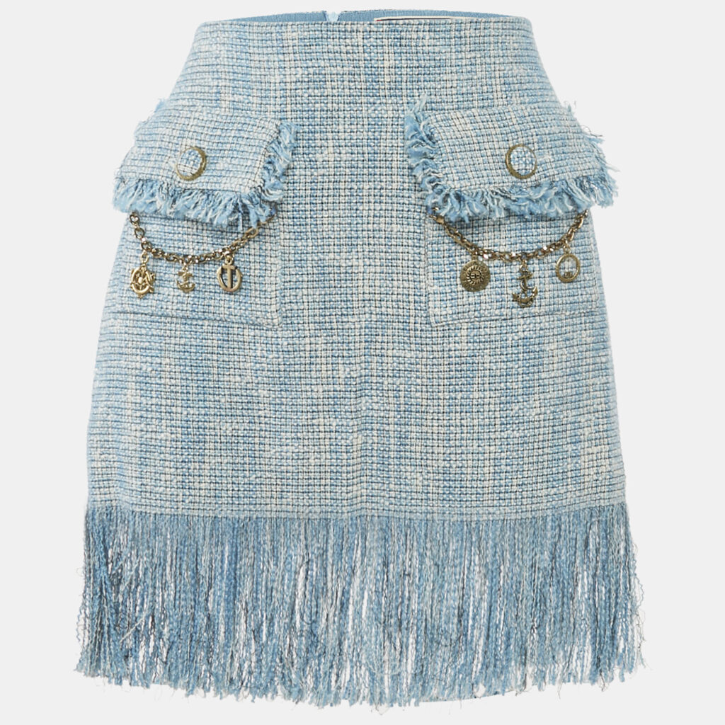 Elisabetta Franchi Blue Charm Detail Tweed Fringed Mini Skirt M Elisabetta Franchi Blue Charm Detail Tweed Fringed Mini Skirt M