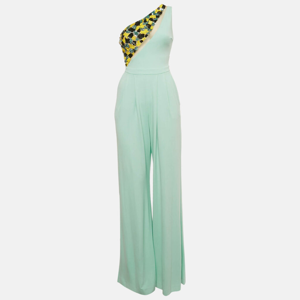 Elisabetta Franchi Pastel Green Jersey Sequin Embellished One Shoulder Jumpsuit S Elisabetta Franchi Pastel Green Jersey Sequin Embellished One Shoulder Jumpsuit S