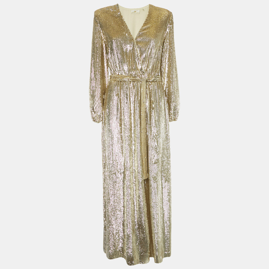 Elisabetta Franchi Gold Sequin Belted Wrap Maxi Dress M Elisabetta Franchi Gold Sequin Belted Wrap Maxi Dress M