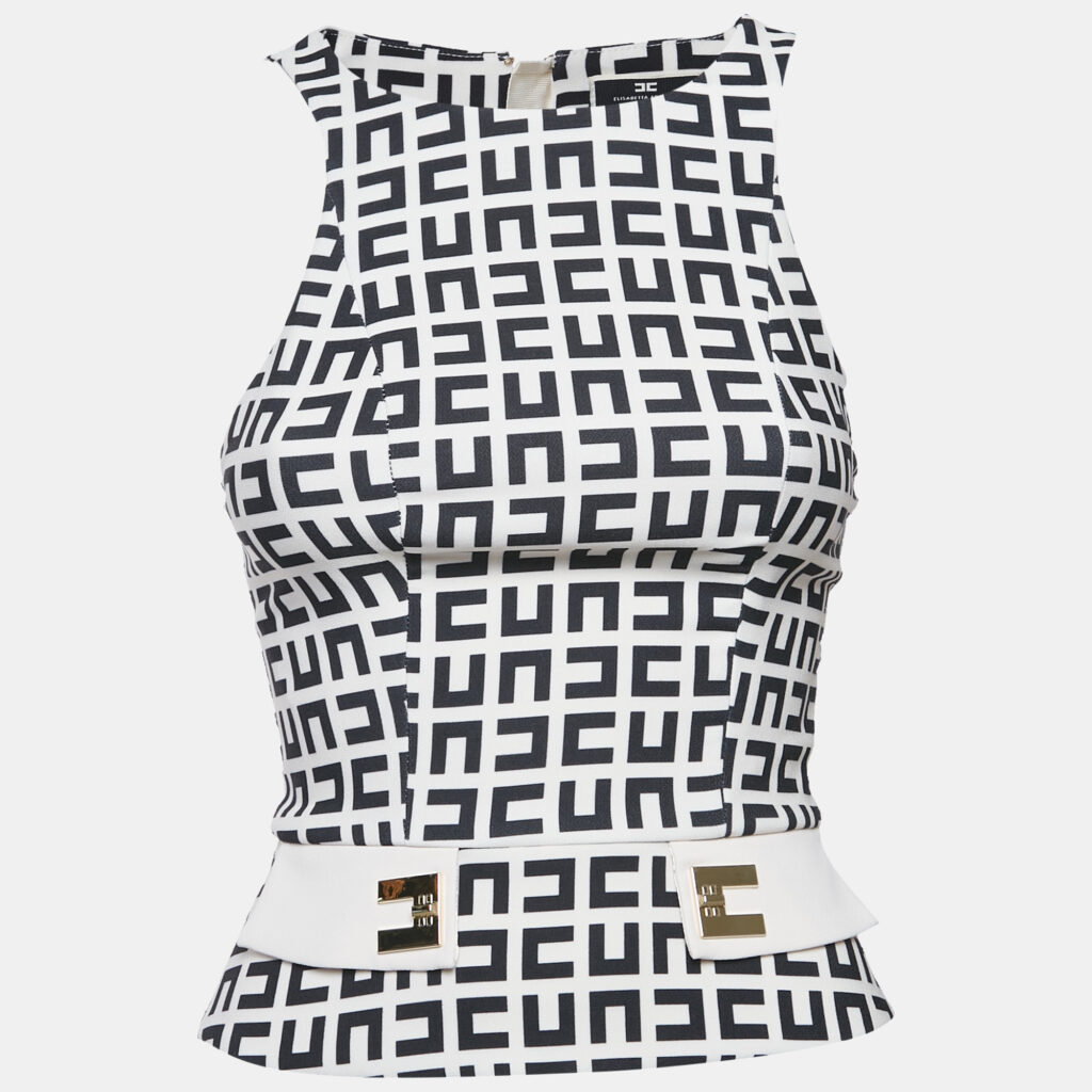 Elisabetta Franchi Beige/Black Monogram Print Jersey Sleeveless Top S Elisabetta Franchi Beige/Black Monogram Print Jersey Sleeveless Top S