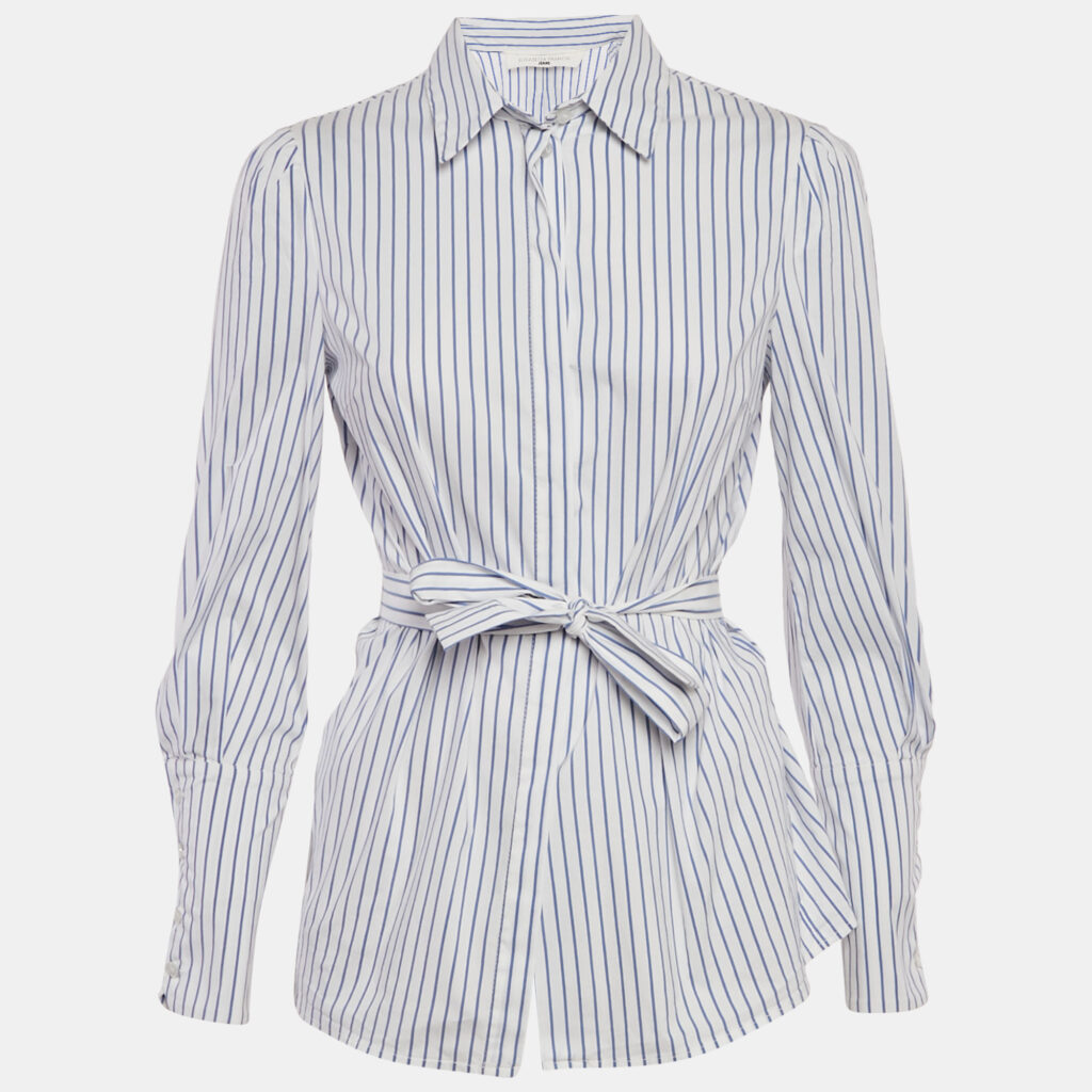 Elisabetta Franchi White & Blue Striped Cotton Tie Detail Shirt S
