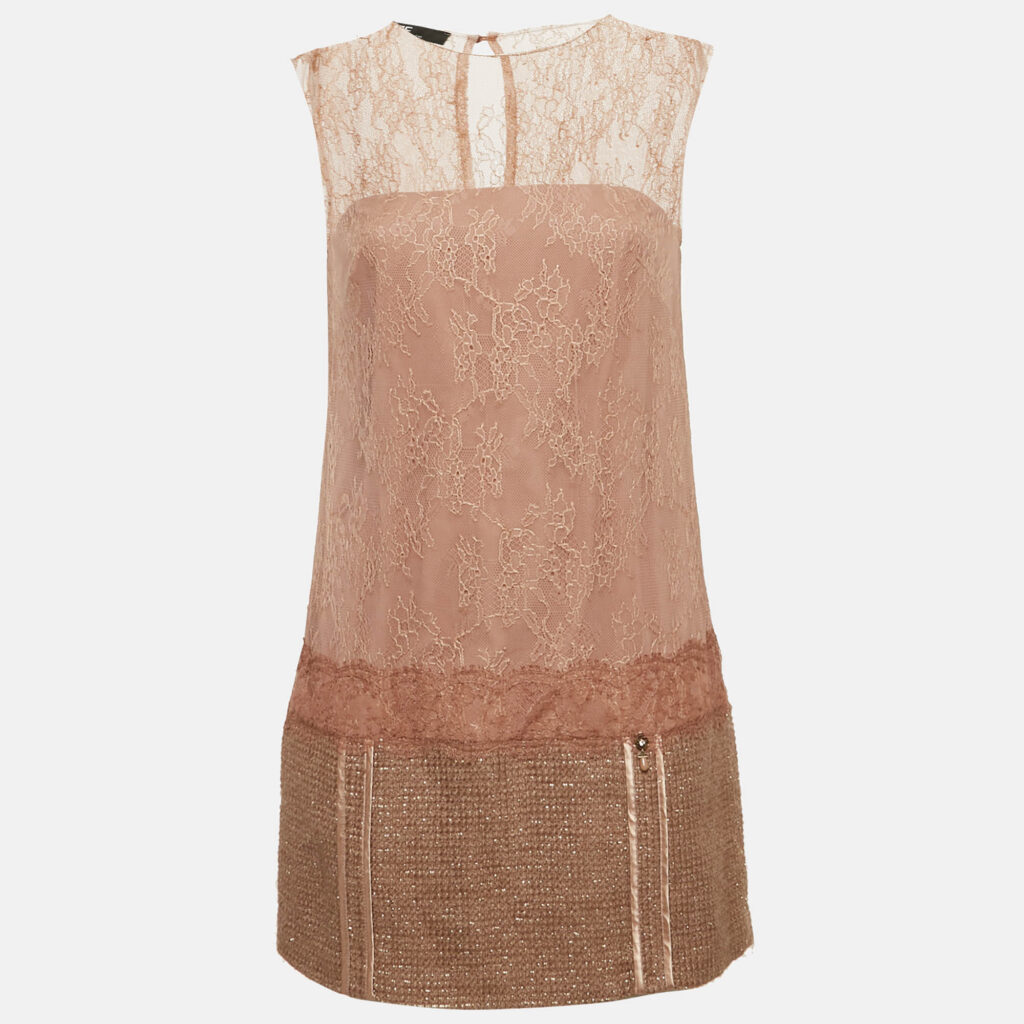 Elisabetta Franchi Beige/Dusty Rose Lace and Tweed Mini Dress S