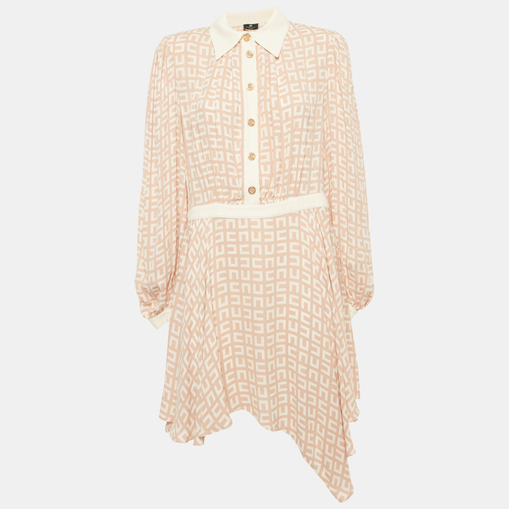 Elisabetta Franchi Beige Monogram Print Crepe Mini Dress L