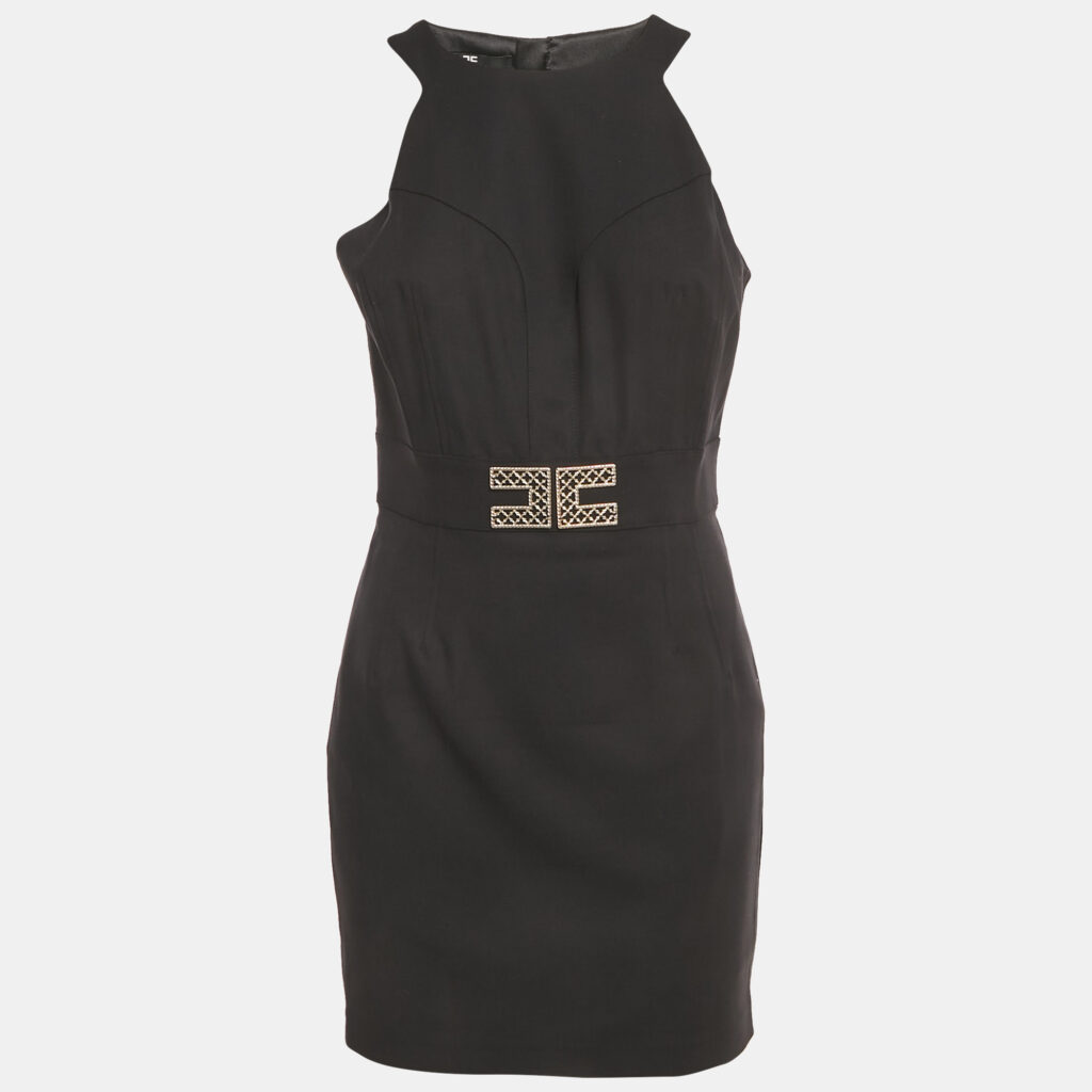 Elisabetta Franchi Black Jersey Logo Detail Mini Dress M Elisabetta Franchi Black Jersey Logo Detail Mini Dress M