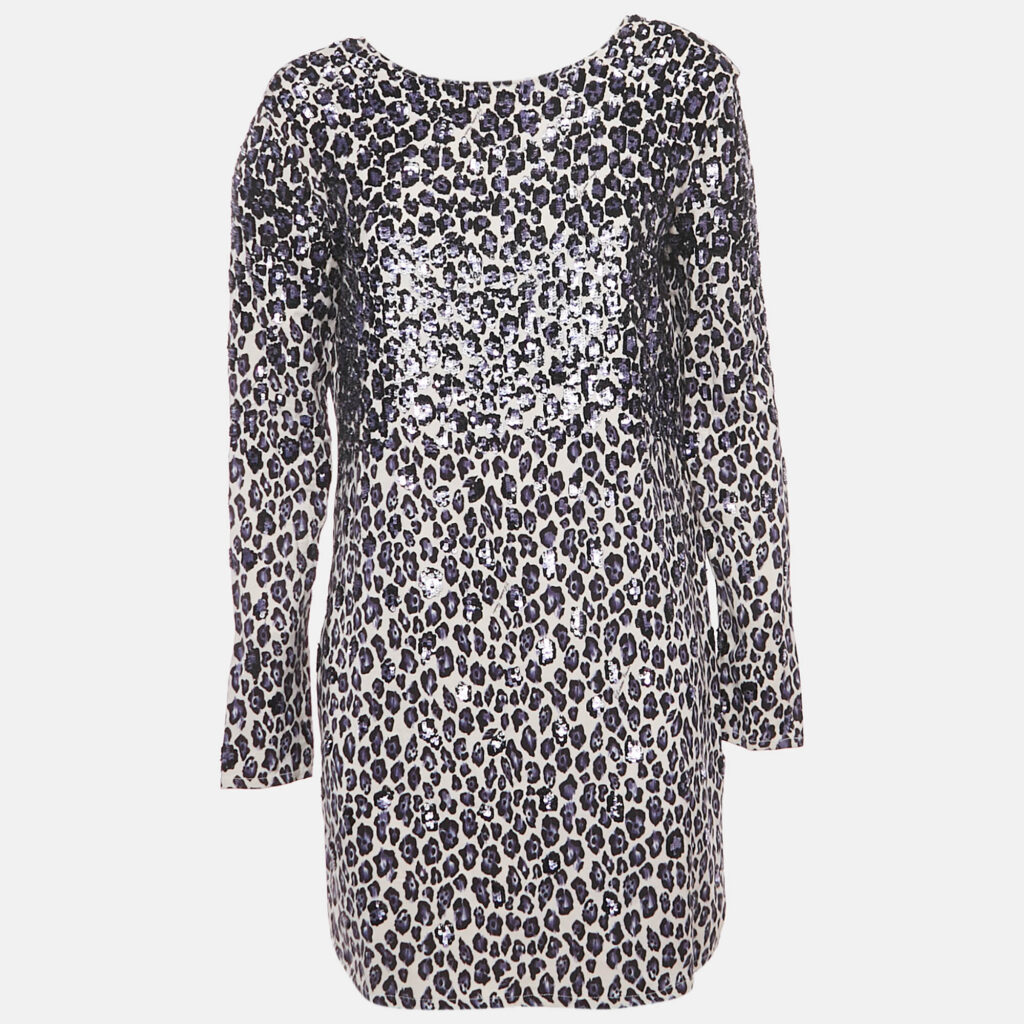 Elisabetta Franchi Beige/Black Leopard Print Crepe Sequin Embellished Mini Dress M