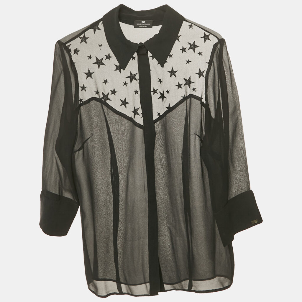 Elisabetta Franchi Black Tulle Trim Chiffon Shirt M Elisabetta Franchi Black Tulle Trim Chiffon Shirt M