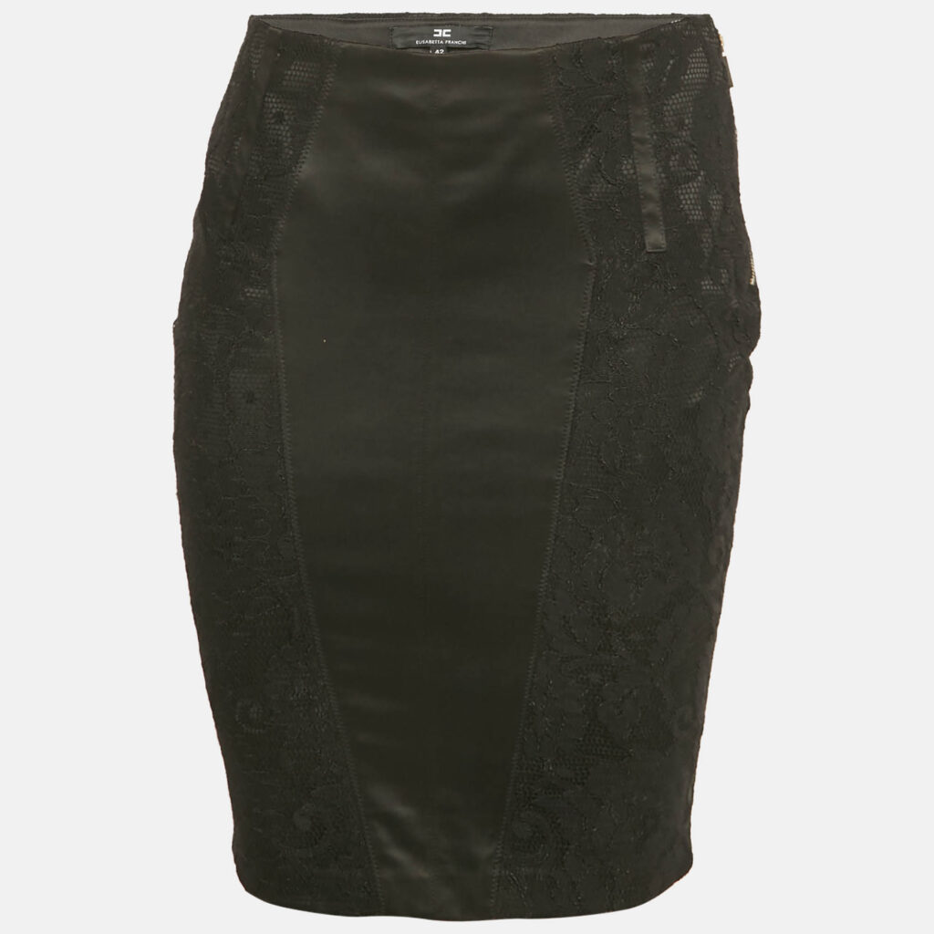Elisabetta Franchi Black Satin Panel Lace Pencil Skirt M Elisabetta Franchi Black Satin Panel Lace Pencil Skirt M