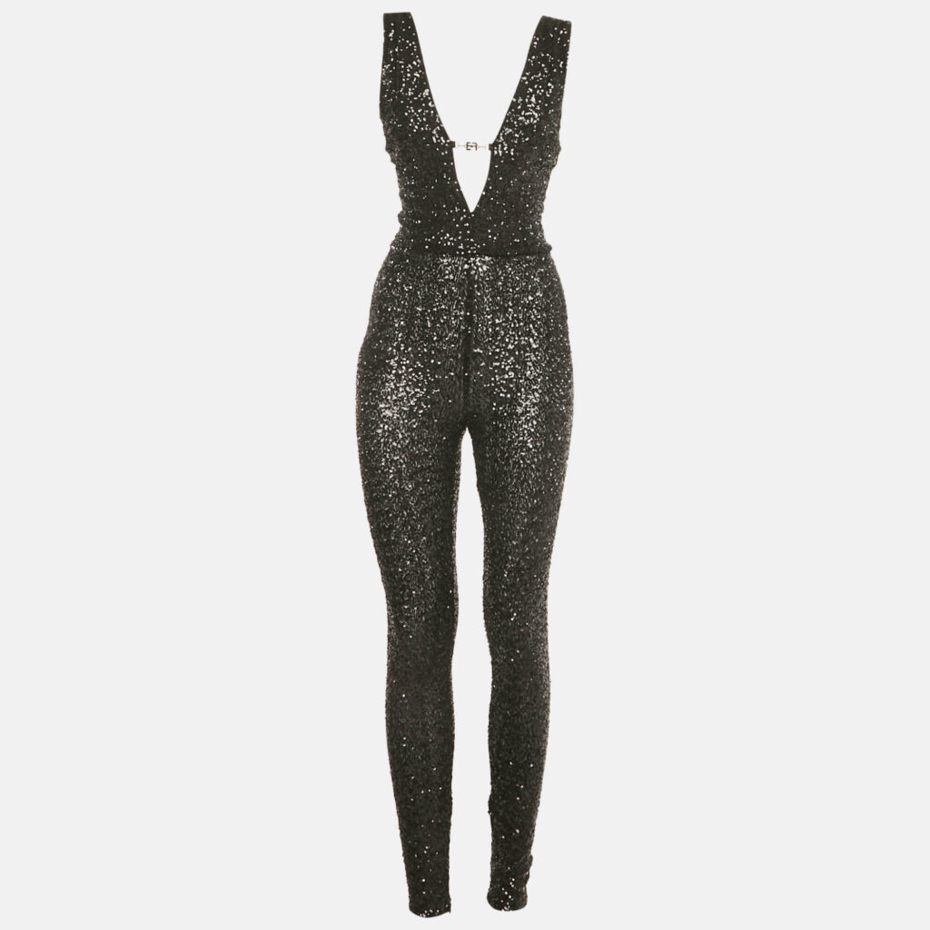 Elisabetta Franchi Black Sequins Plunge Neck Body Fitted Jumpsuit S Elisabetta Franchi Black Sequins Plunge Neck Body Fitted Jumpsuit S