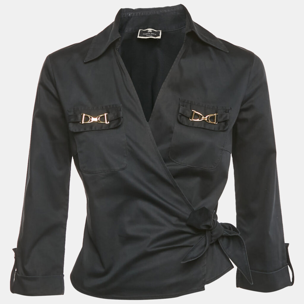 Elisabetta Franchi Black Cotton Buckle Detail Wrap Around Top M Elisabetta Franchi Black Cotton Buckle Detail Wrap Around Top M