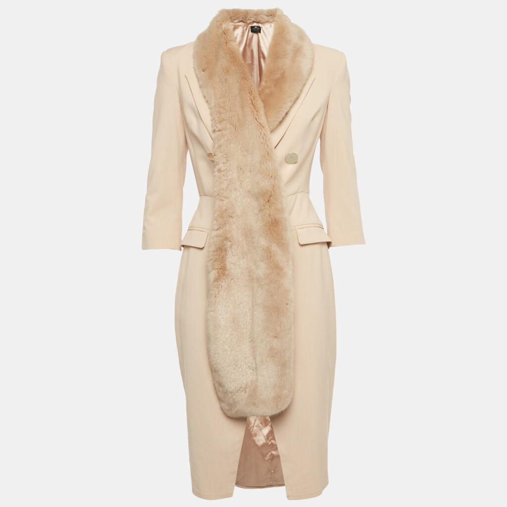 Elisabetta Franchi Pink Crepe Faux Fur Collar Double Breasted Coat S Elisabetta Franchi Pink Crepe Faux Fur Collar Double Breasted Coat S