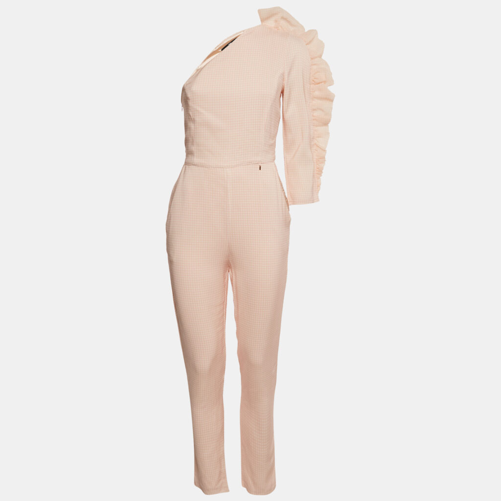 Elisabetta Franchi Peach Gingham Cotton Ruffled One Shoulder Jumpsuit M Elisabetta Franchi Peach Gingham Cotton Ruffled One Shoulder Jumpsuit M