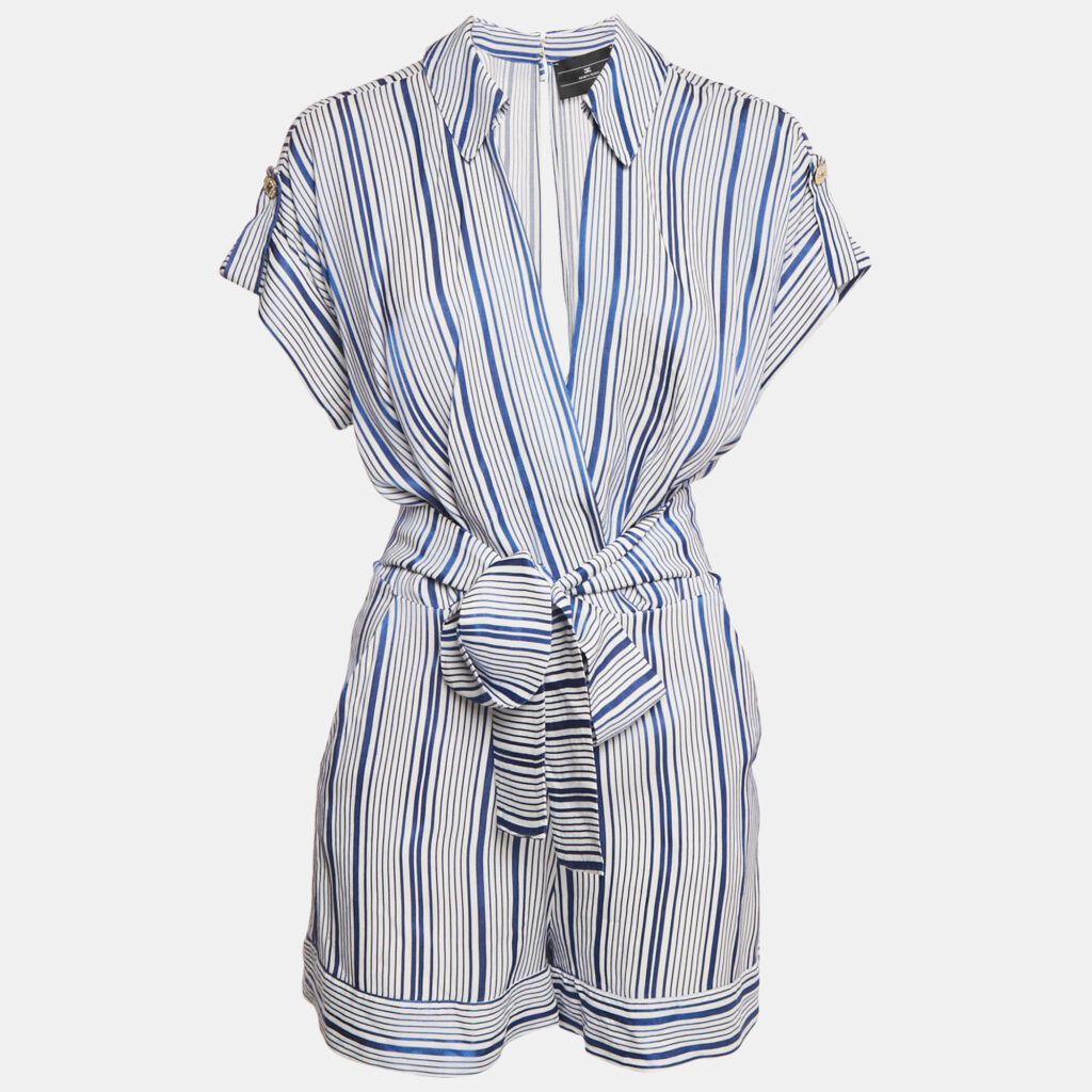 Elisabetta Franchi Blue Stripe Crepe Belted Playsuit S